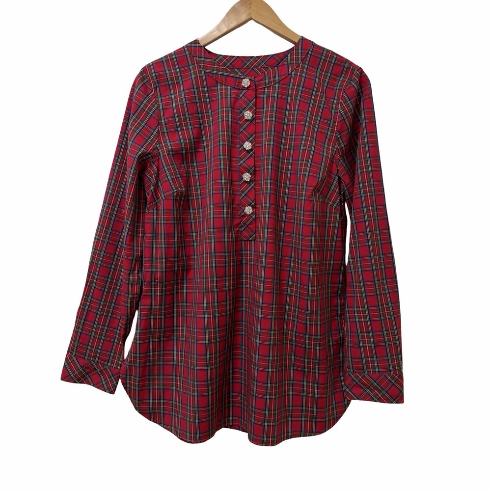 Talbots Womens Crystal Buffalo Plaid Popover Blouse Size L Red Holiday Christmas